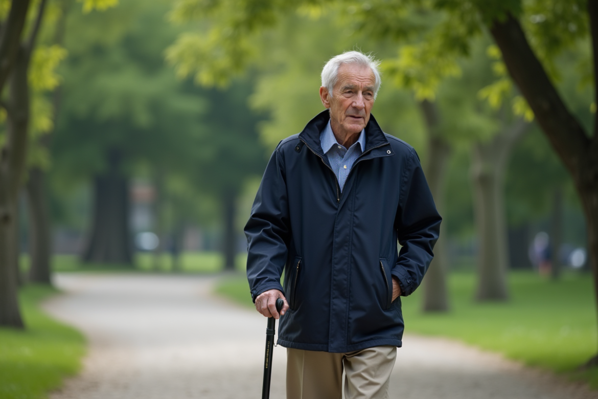 Homme âgé marchant dans un parc avec une canne pliable