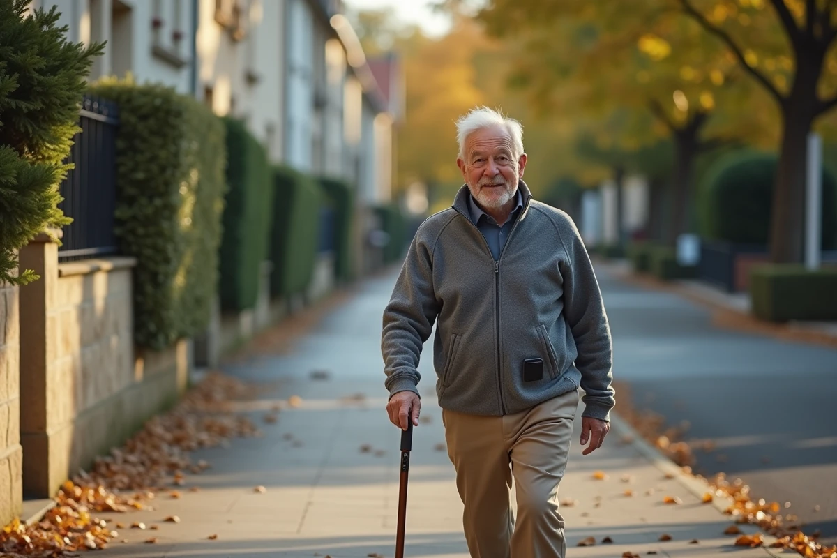 Homme âgé se promenant en ville avec un traceur GPS fixé à sa ceinture, géolocalisation senior en extérieur