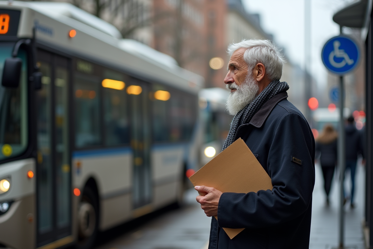 Homme âgé attendant près d’un arrêt de bus avec fauteuil
