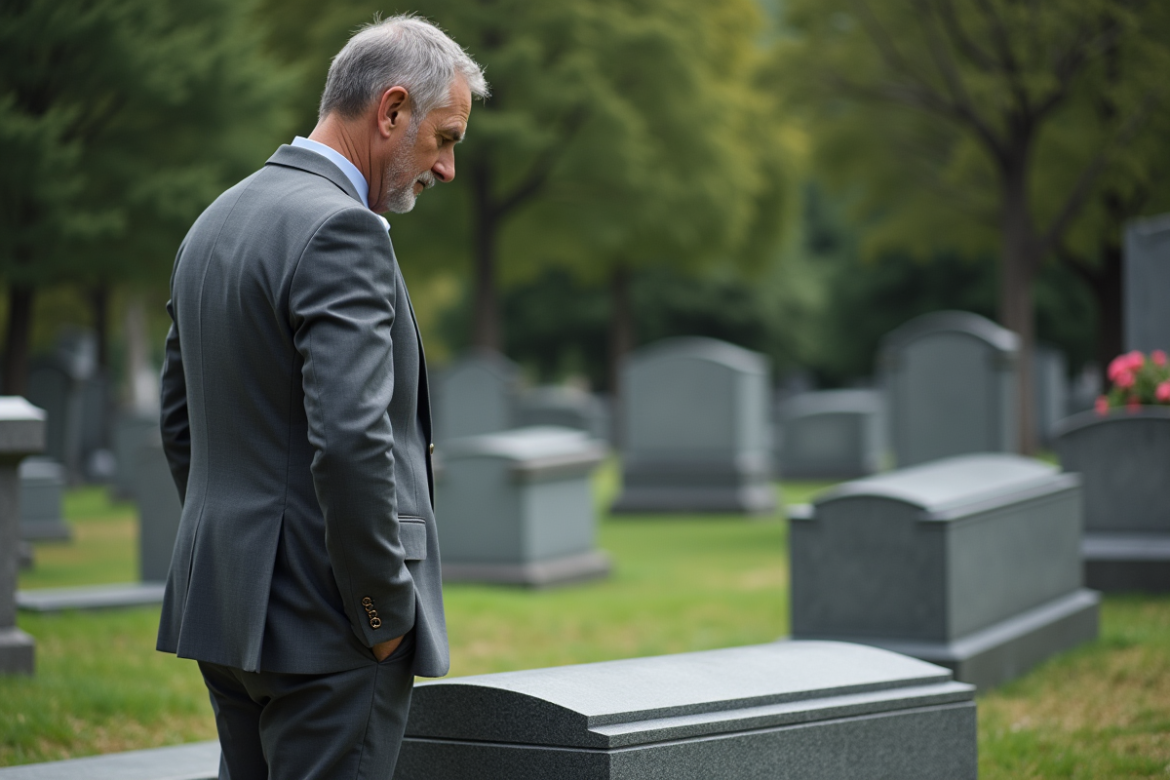 Homme d'âge moyen près d'une tombe en granit dans un cimetière