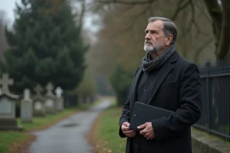 Homme d'âge moyen dans un costume sombre au cimetière