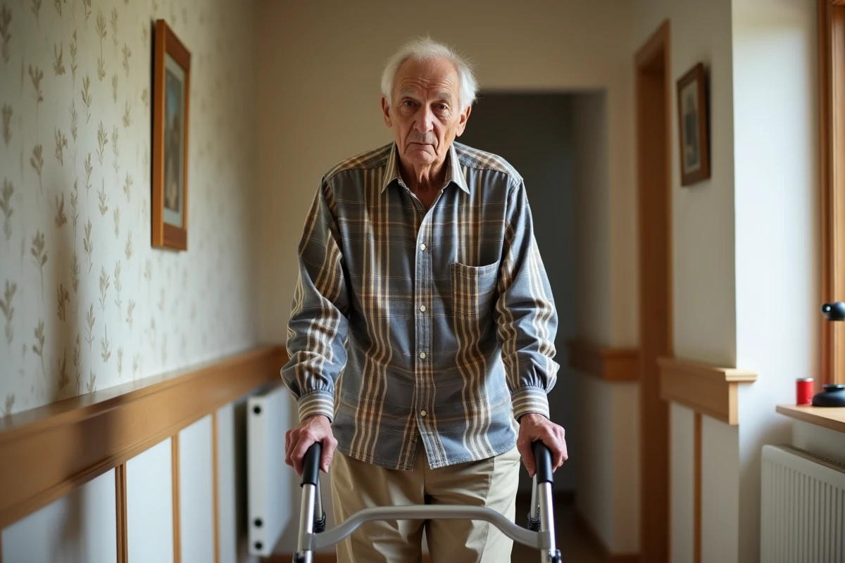 Homme âgé avec déambulateur dans un couloir adapté