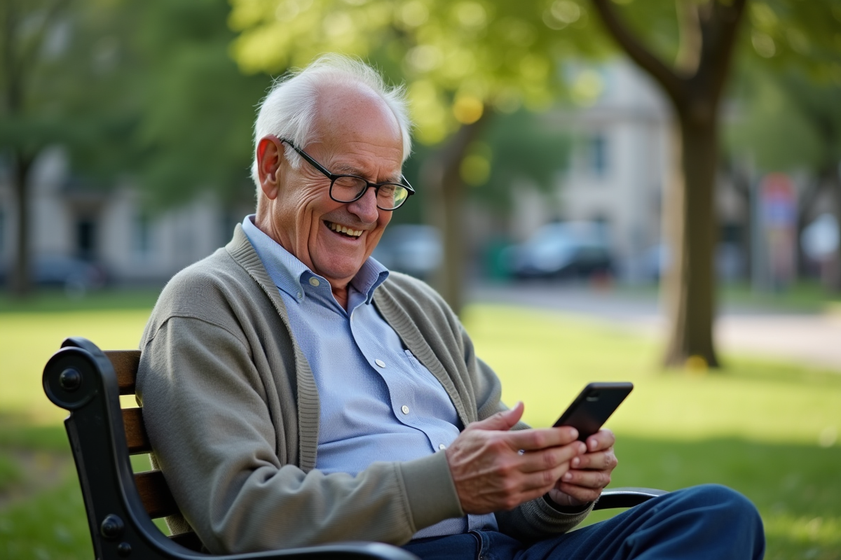 Homme âgé utilisant un smartphone dans un parc urbain