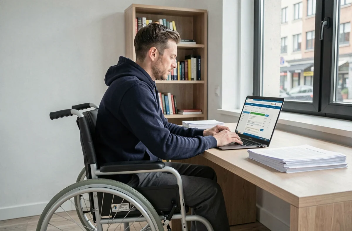 Homme en fauteuil roulant consultant le plafond de revenus AAH 2026 sur son ordinateur