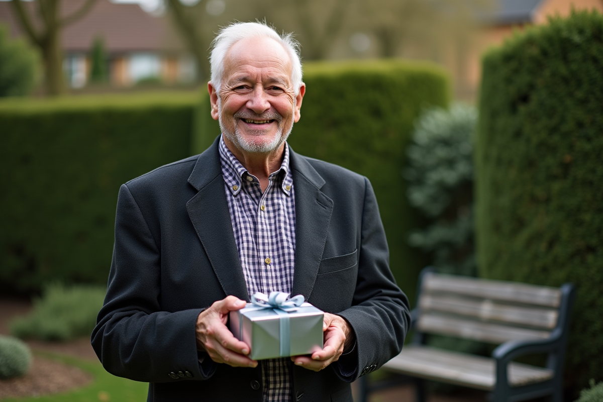 Homme âgé tenant un petit cadeau dans un jardin paisible