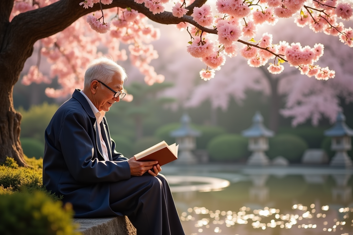 Homme âgé lisant sous les cerisiers en jardin japonais paisible