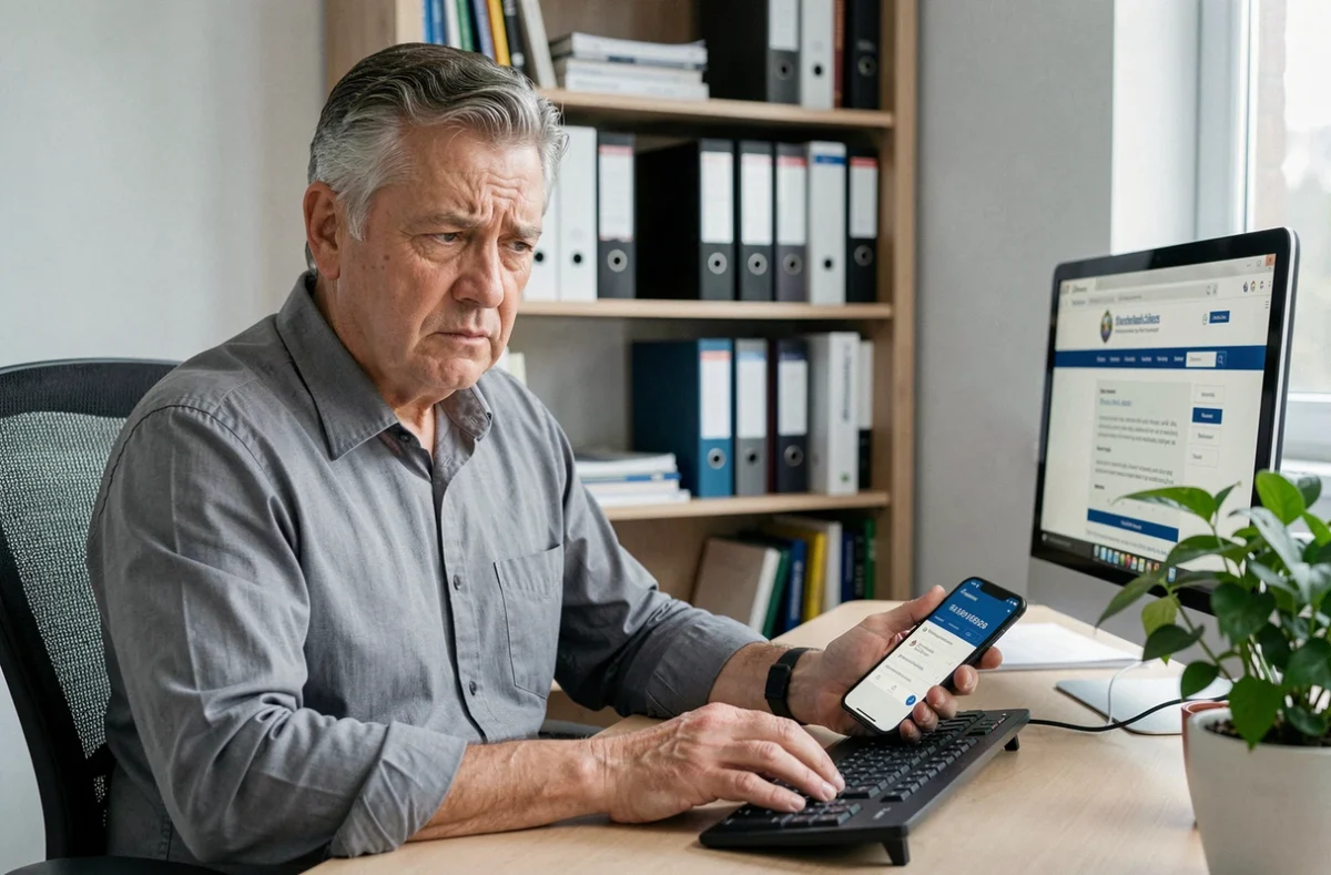 Homme en fin de carrière cherchant le numéro de la CNAV sur smartphone devant son ordinateur