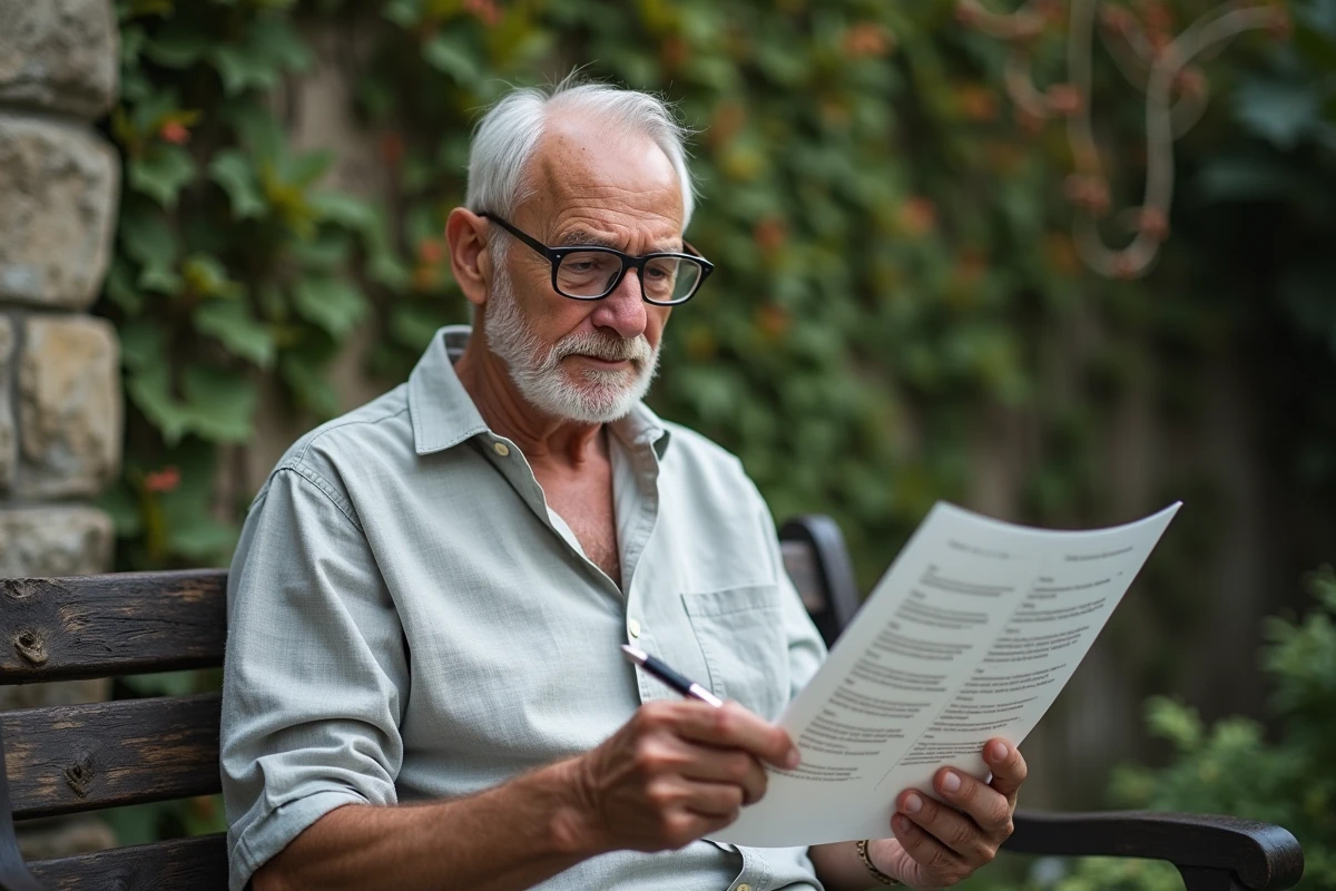 Homme retraité assis sur un banc de jardin qui relit des paroles de chanson imprimées avec un stylo à la main