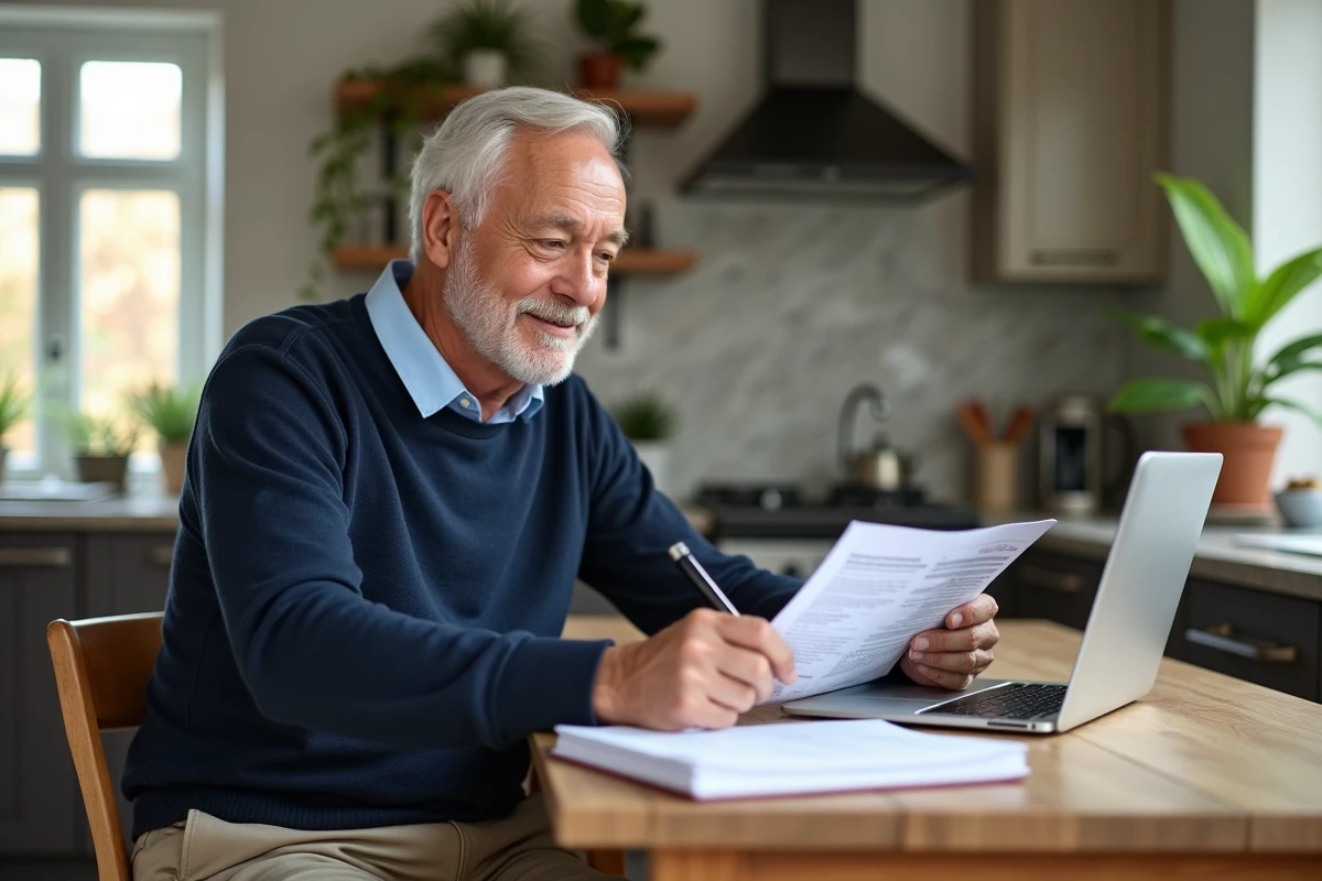 Homme d'âge moyen vérifiant ses papiers de retraite à la maison