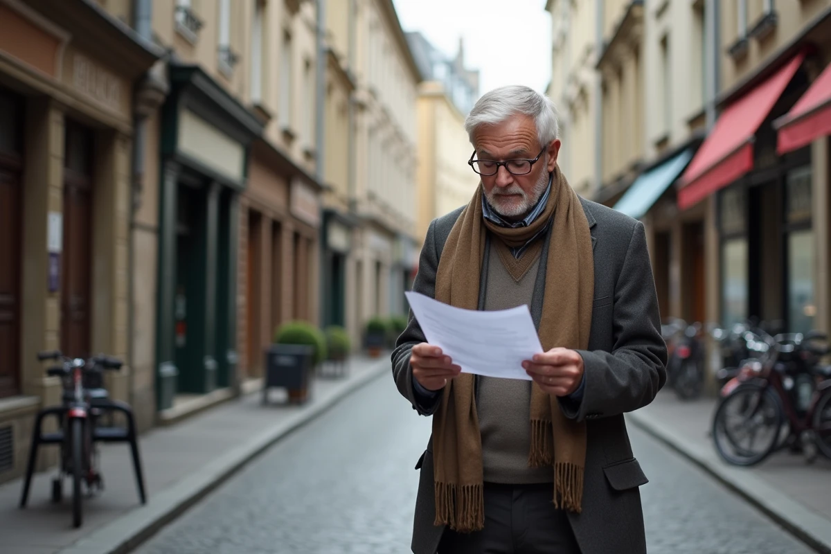 Homme retraité regardant une notice dans la rue