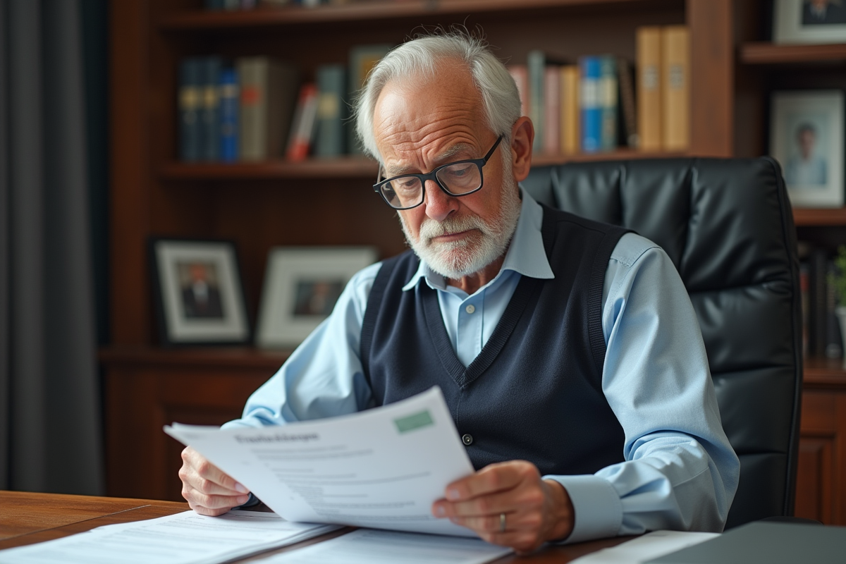 Homme âgé examinant une facture de téléassistance et formulaire fiscal