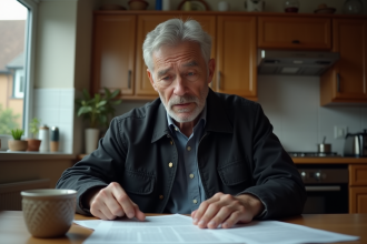 Homme d'âge moyen relisant des papiers dans la cuisine