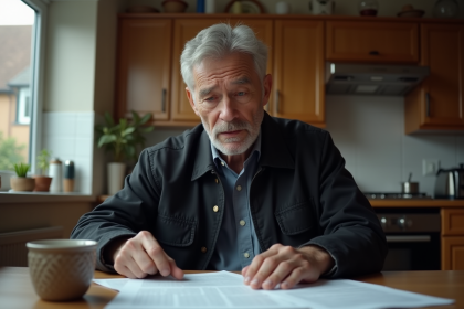 Homme d'âge moyen relisant des papiers dans la cuisine