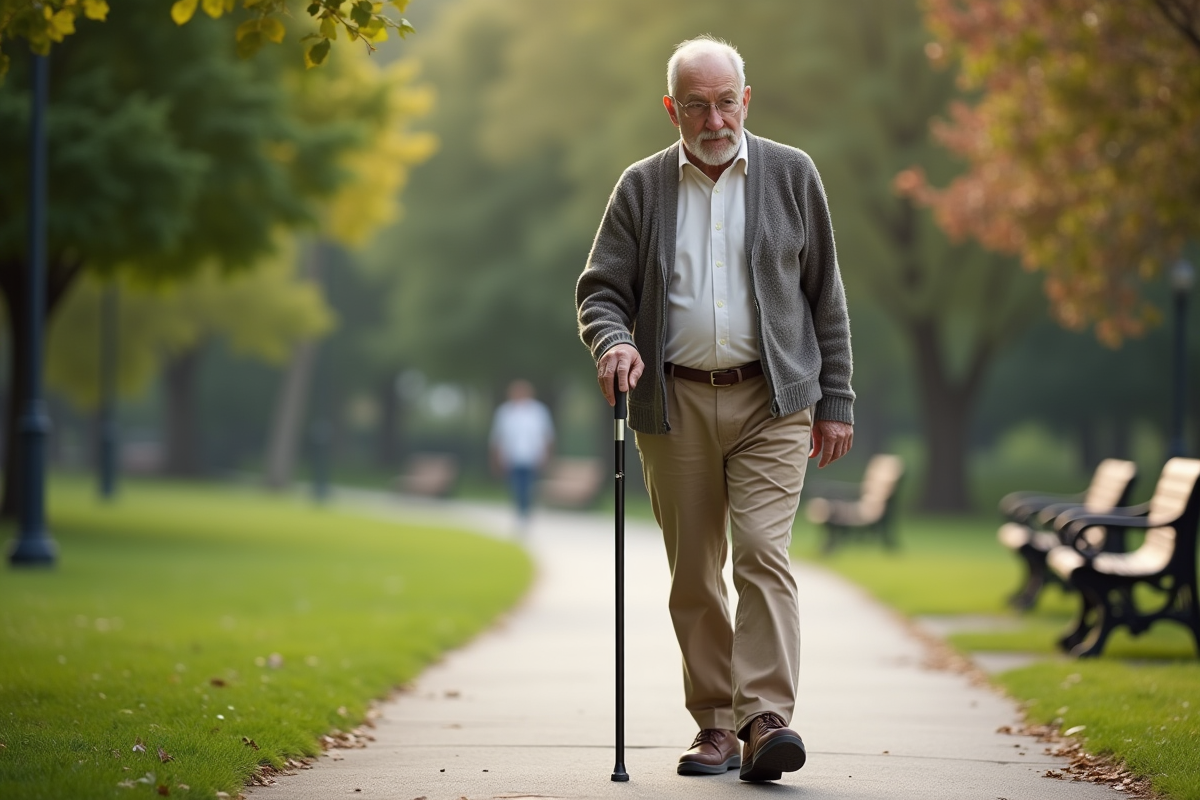 Homme senior marche avec une canne dans un parc calme