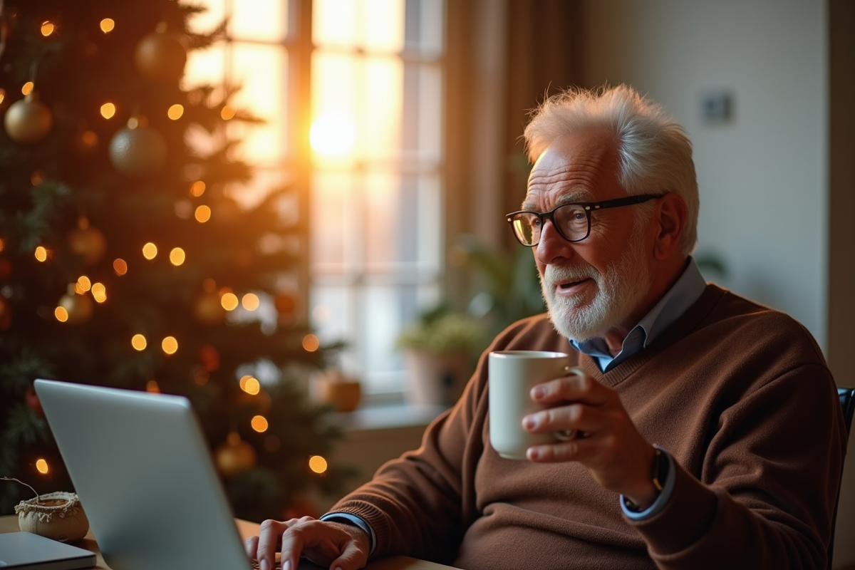 Homme senior avec tasse de café près du sapin de Noël
