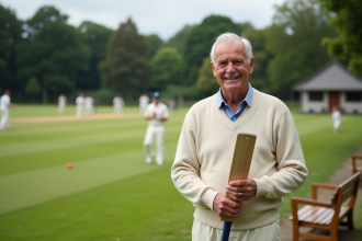 Homme senior souriant près d'un terrain de cricket