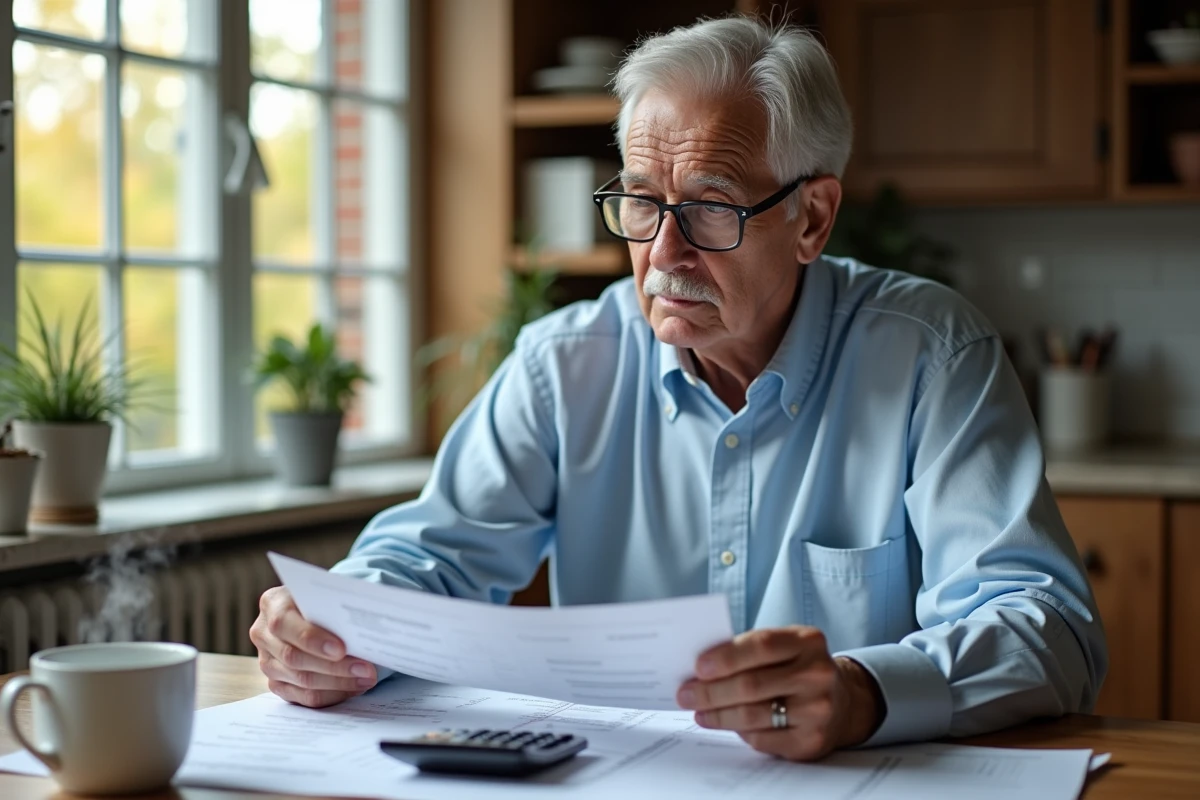 Homme senior examinant des documents de retraite à une table de cuisine, calculatrice et tasse de café posées à côté, en réflexion sur le choix entre départ anticipé et retraite maximale