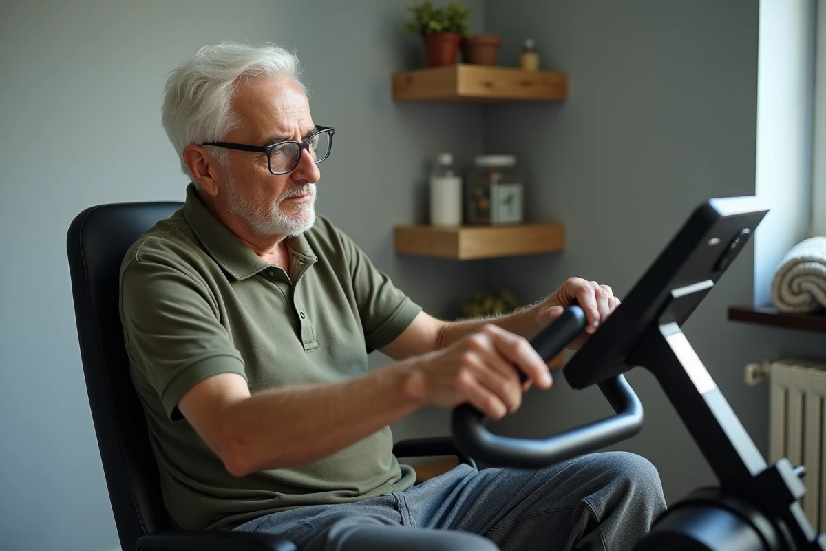 Homme senior réglant la résistance d'un vélo couché d'appartement dans un coin sport à domicile
