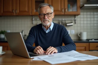 Homme senior consultant ses documents de retraite PRO BTP sur un ordinateur portable à la maison