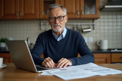 Homme senior consultant ses documents de retraite PRO BTP sur un ordinateur portable à la maison