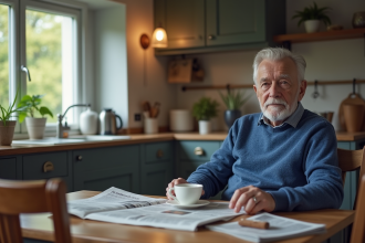 Homme âgé en intérieur contemplant sa tasse de thé