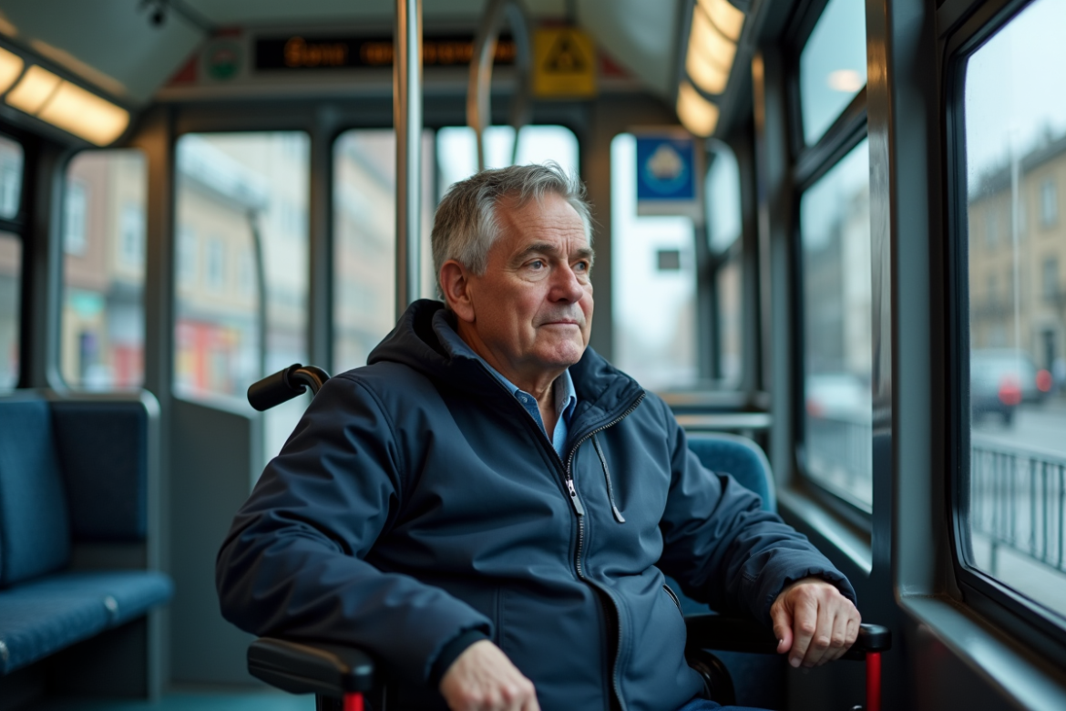 Homme d'âge moyen en fauteuil roulant dans un bus urbain