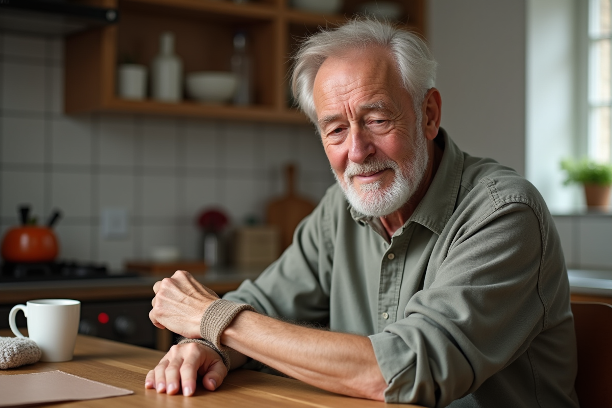 Homme âgé enveloppant un coussin chauffant autour de son poignet dans la cuisine