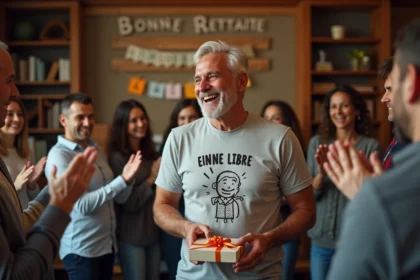 Homme en retraite souriant avec un t-shirt humoristique entouré d'amis lors d'une fête surprise de départ à la retraite