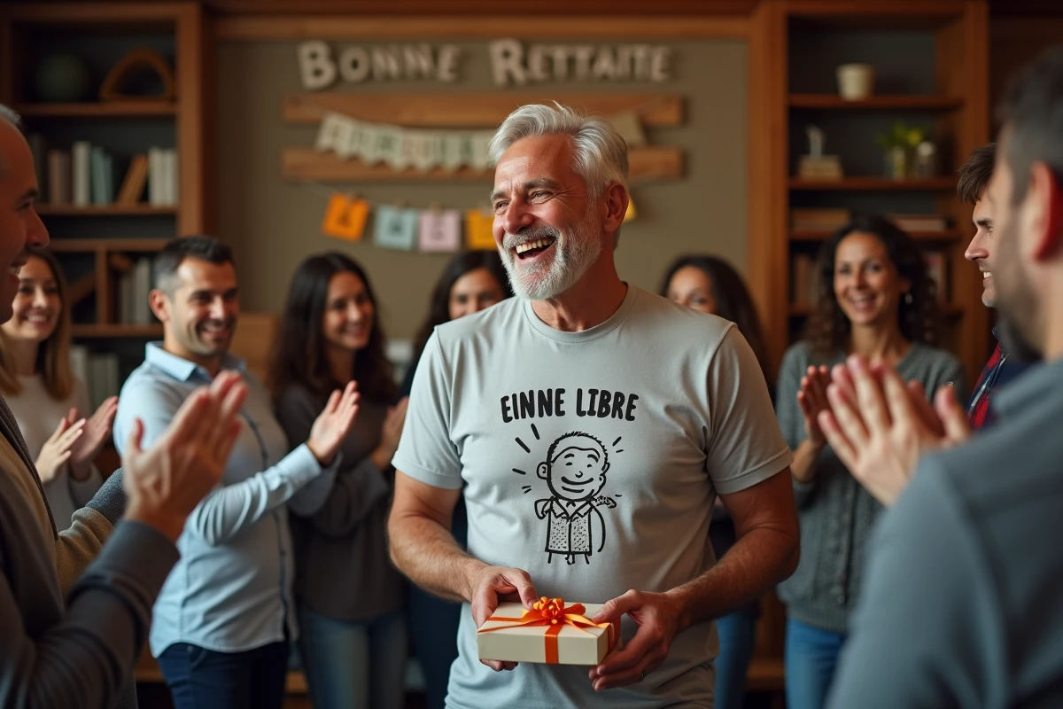 Homme en retraite souriant avec un t-shirt humoristique entouré d'amis lors d'une fête surprise de départ à la retraite