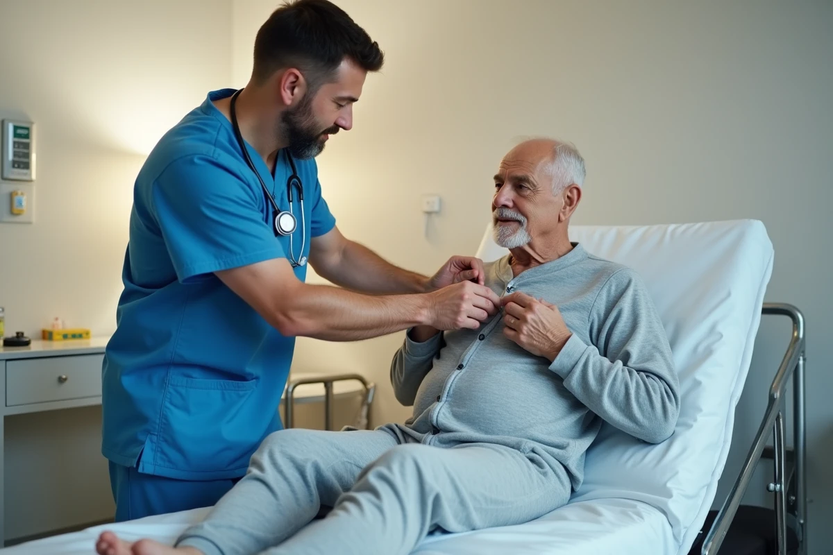 Infirmier aidant un patient masculin âgé à porter une grenouillère adulte en milieu hospitalier