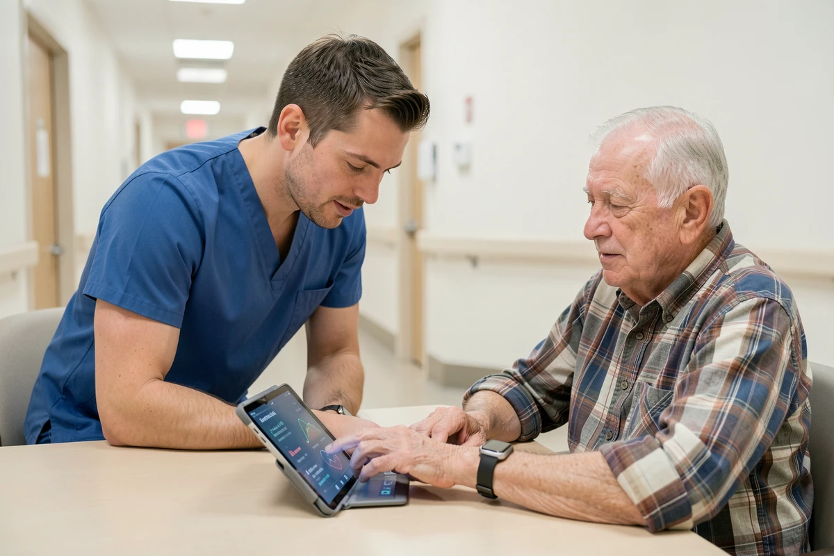 Un infirmier et un résident senior consultent ensemble les données de santé d'une montre connectée en EHPAD