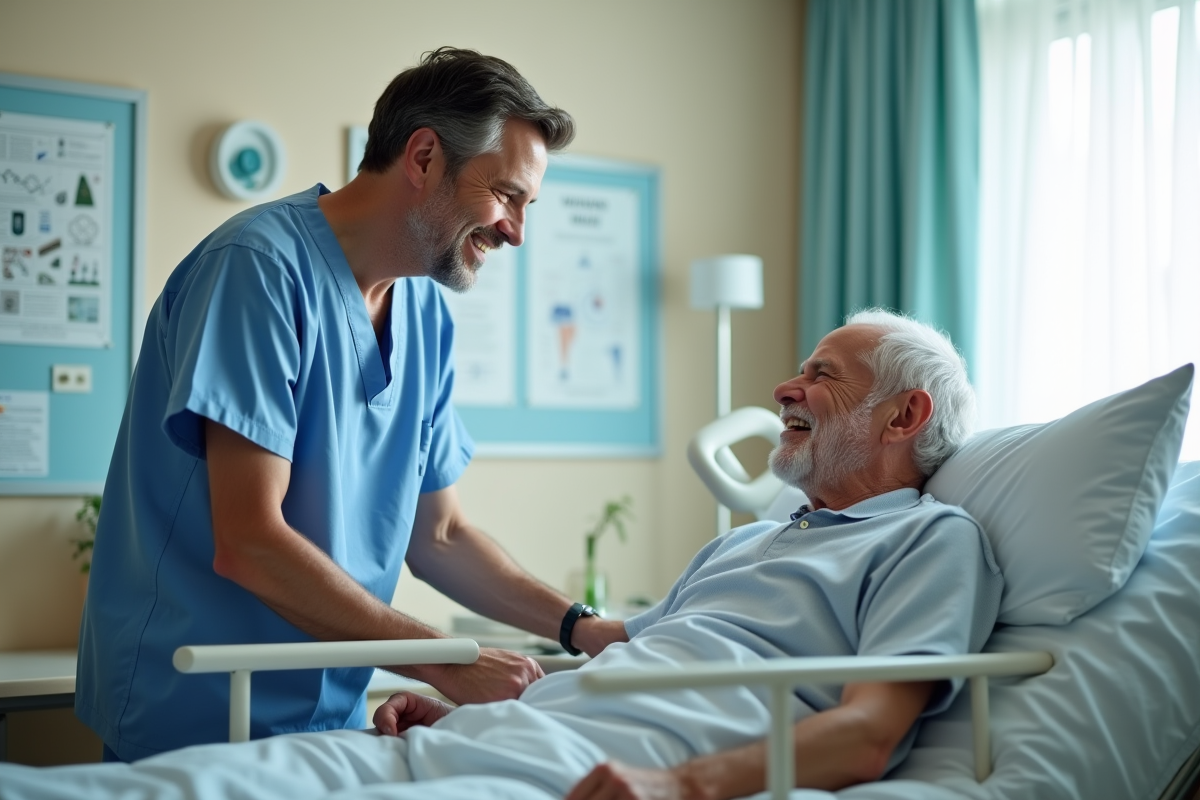 Infirmier ajustant la barriere de securite du lit