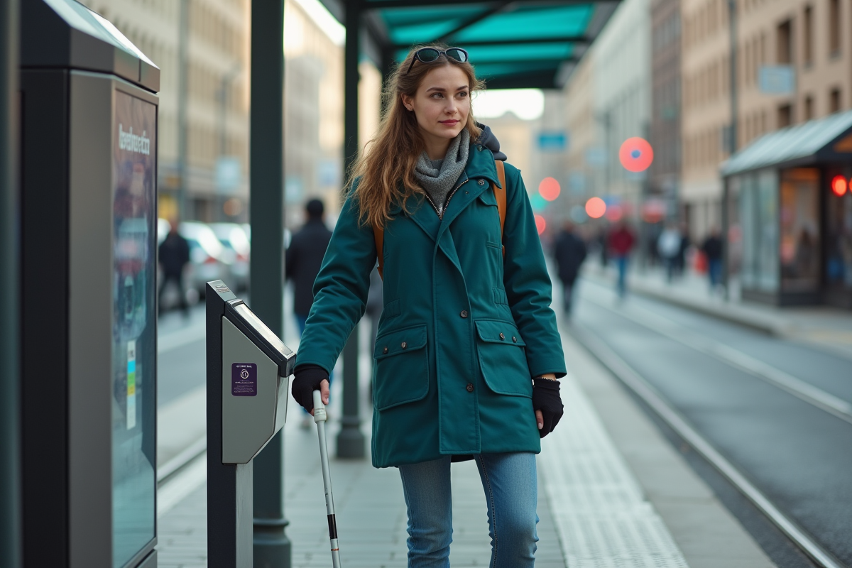 Jeune femme avec canne blanche à l