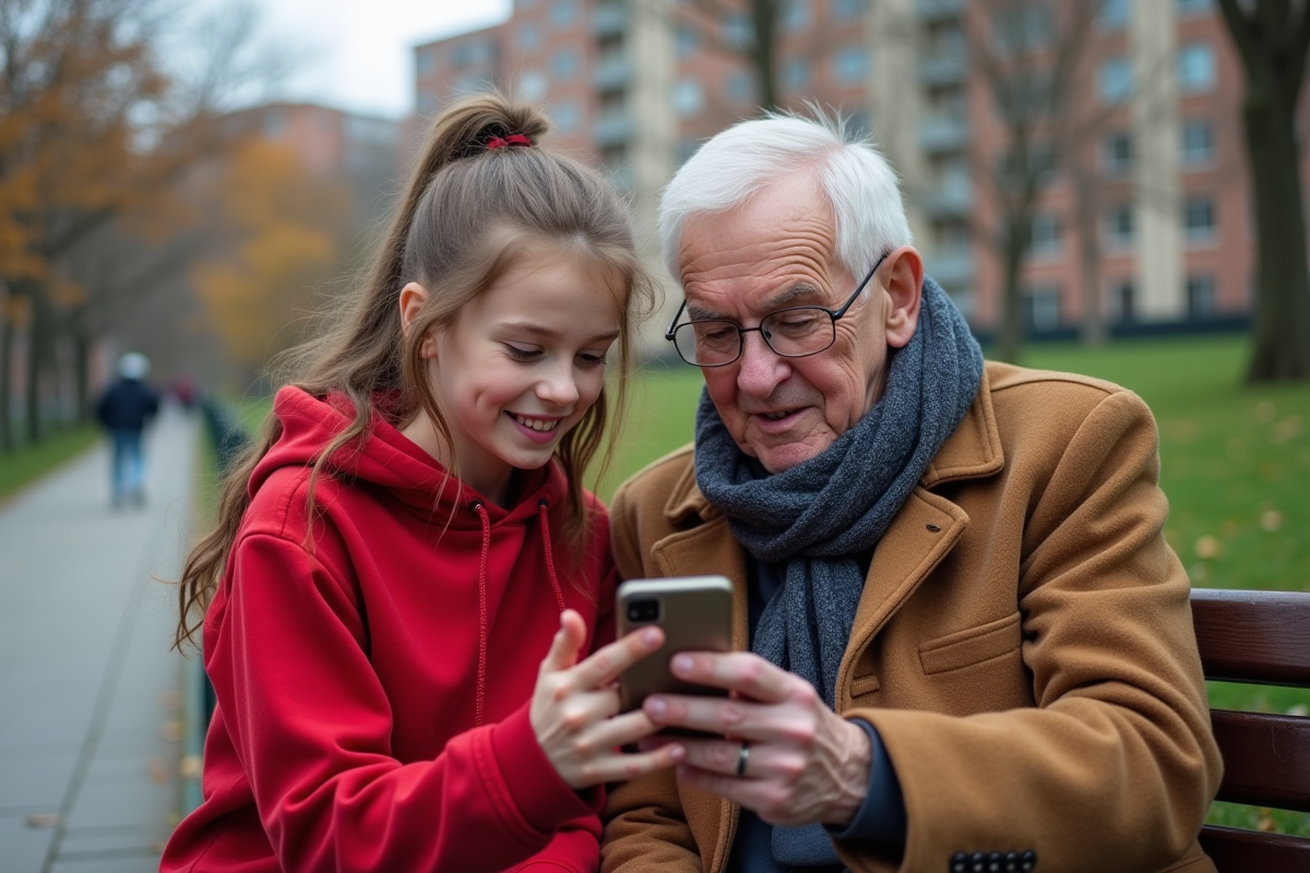 Jeune fille enseignant à son grand-pere comment utiliser un smartphone dans un parc