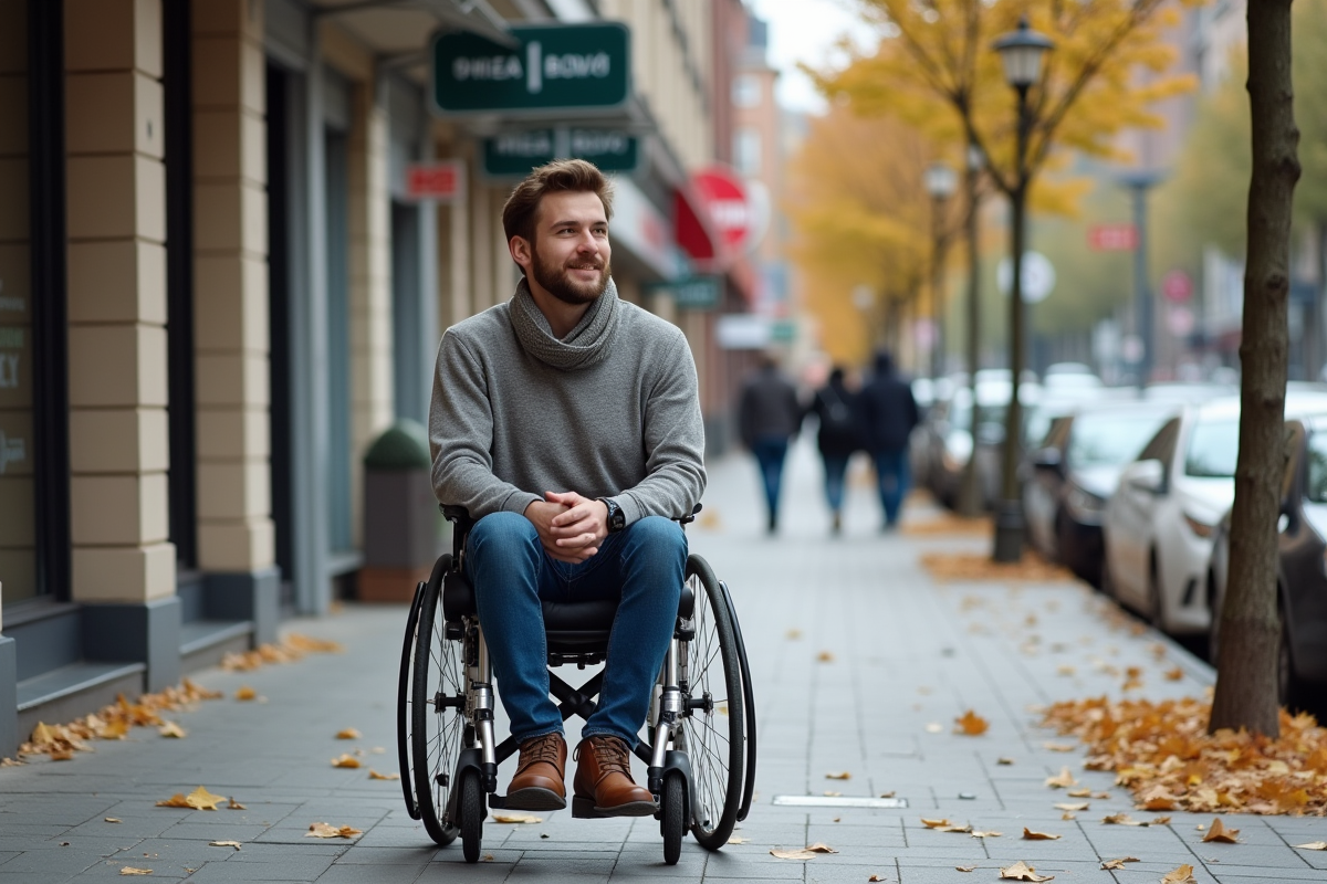 Jeune homme en fauteuil roulant sur le trottoir en ville