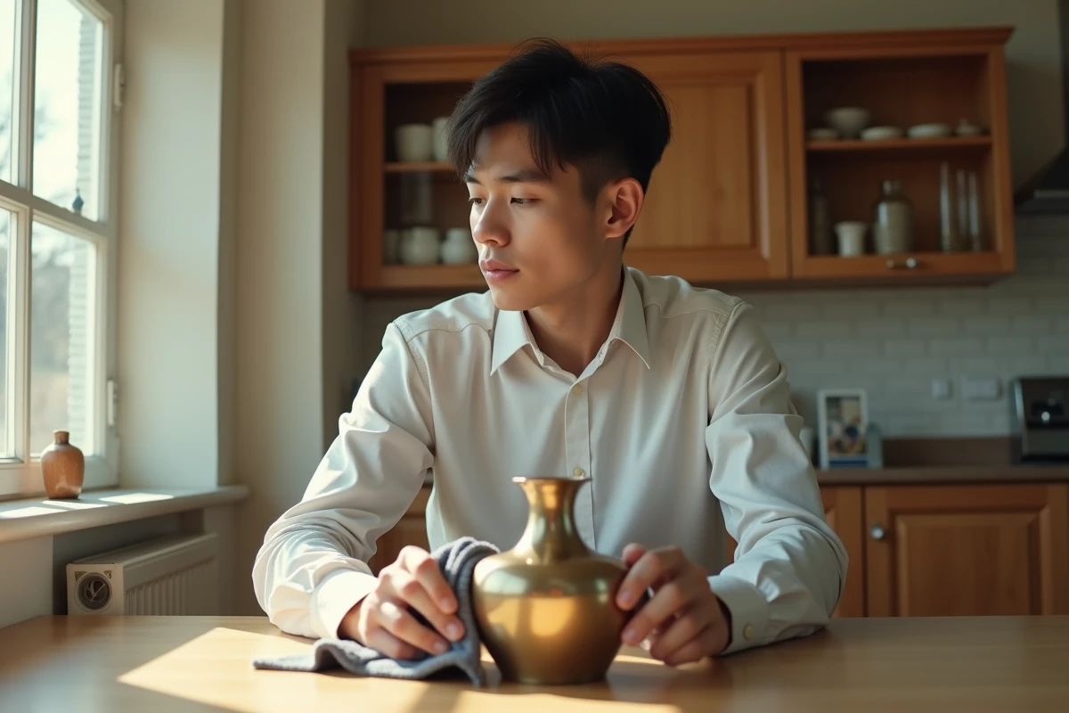 Jeune homme nettoyant une urne en métal à la maison