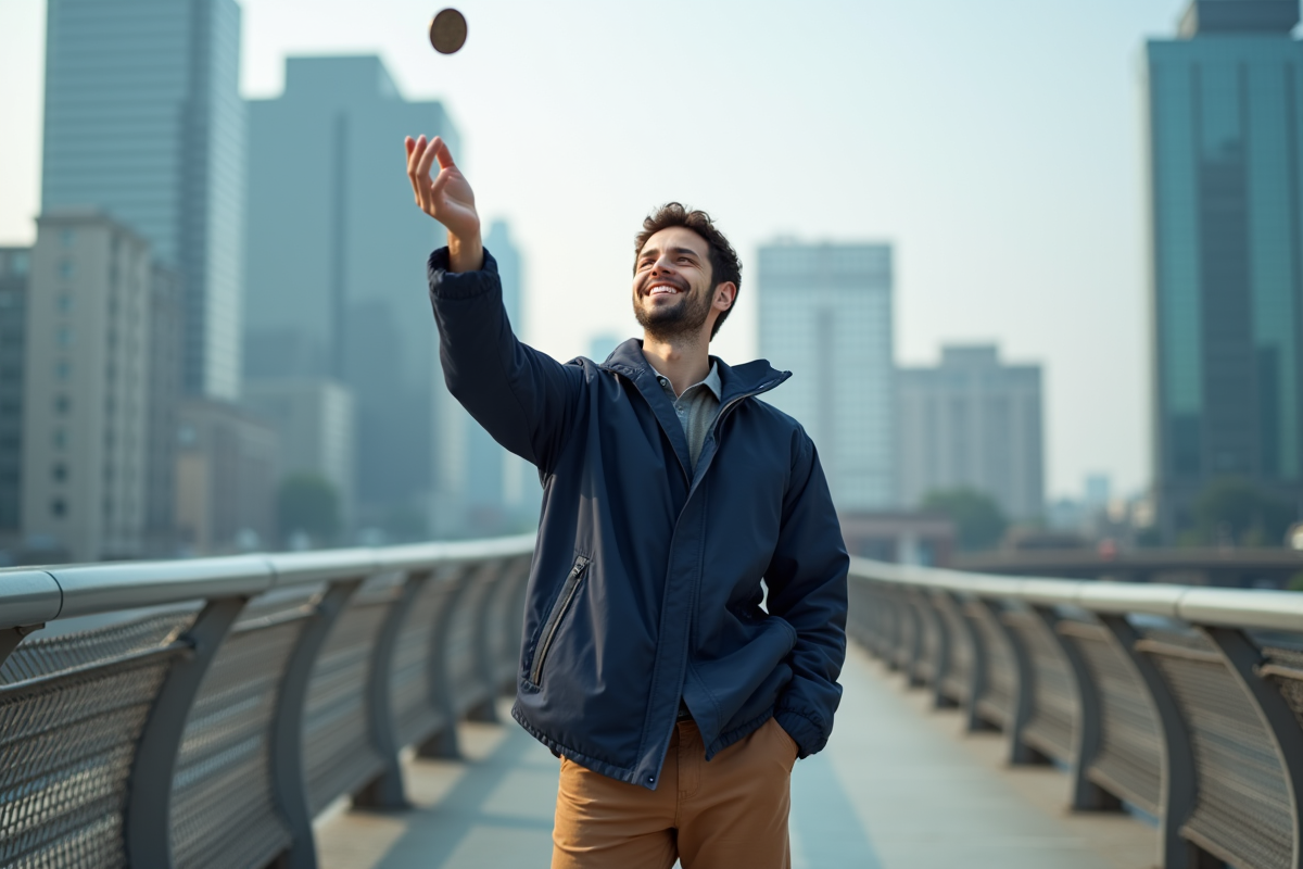 Jeune homme lançant une pièce en l