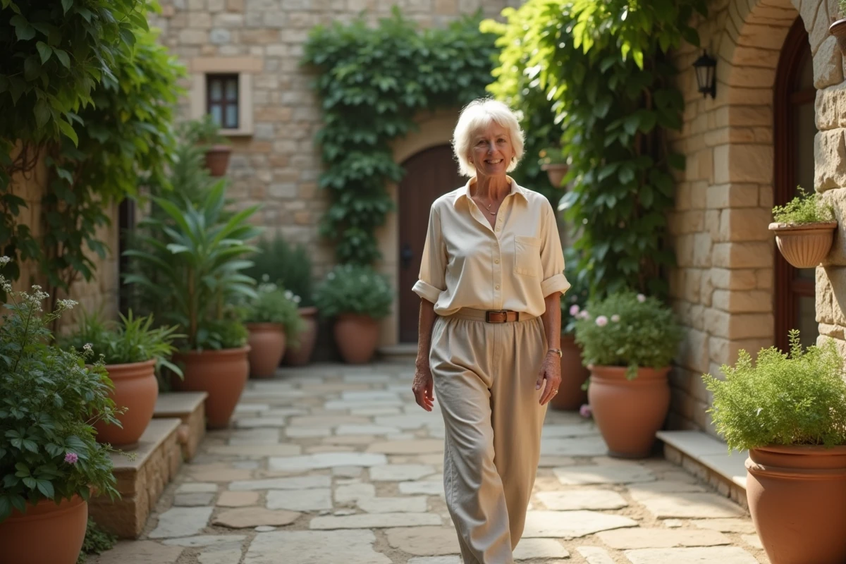 Une femme mature et iconique se promenant dans le jardin méditerranéen de sa villa privée, symbolisant une vie retirée et sereine loin du mythe pop