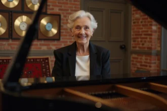 Madonna aujourd'hui dans son studio de musique privé, assise près d'un piano à queue, reflétant une vie artistique apaisée loin des projecteurs