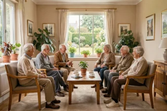 Résidents âgés dans la salle commune d'une maison de retraite dans les Hauts-de-France, ambiance chaleureuse et conviviale