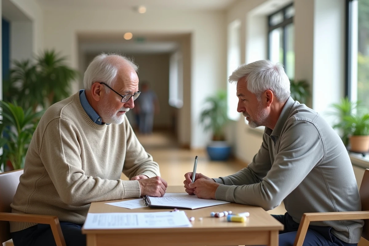 Senior et aidant vérifiant un planning de médicaments dans un espace moderne