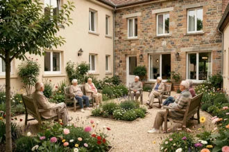 Vue d'ensemble d'un EHPAD en plein air dans l'Ain, avec des résidents âgés profitant du jardin commun