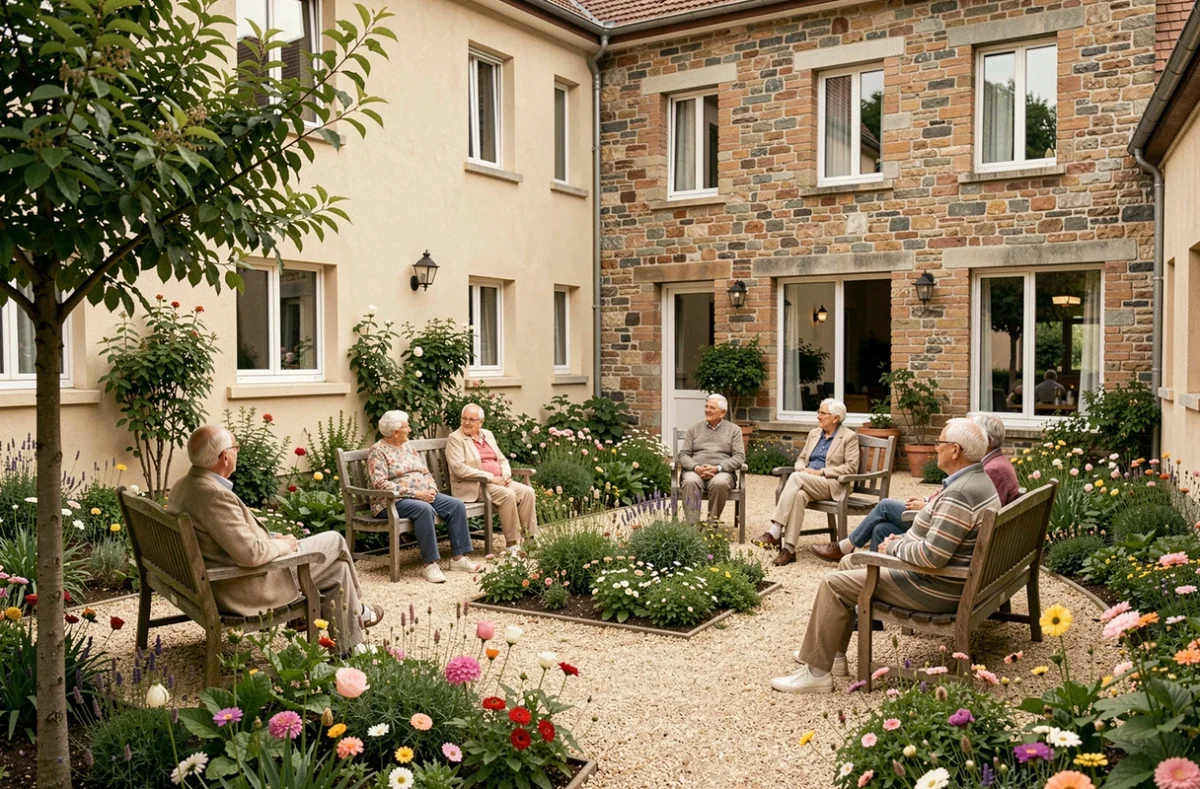 Vue d'ensemble d'un EHPAD en plein air dans l'Ain, avec des résidents âgés profitant du jardin commun