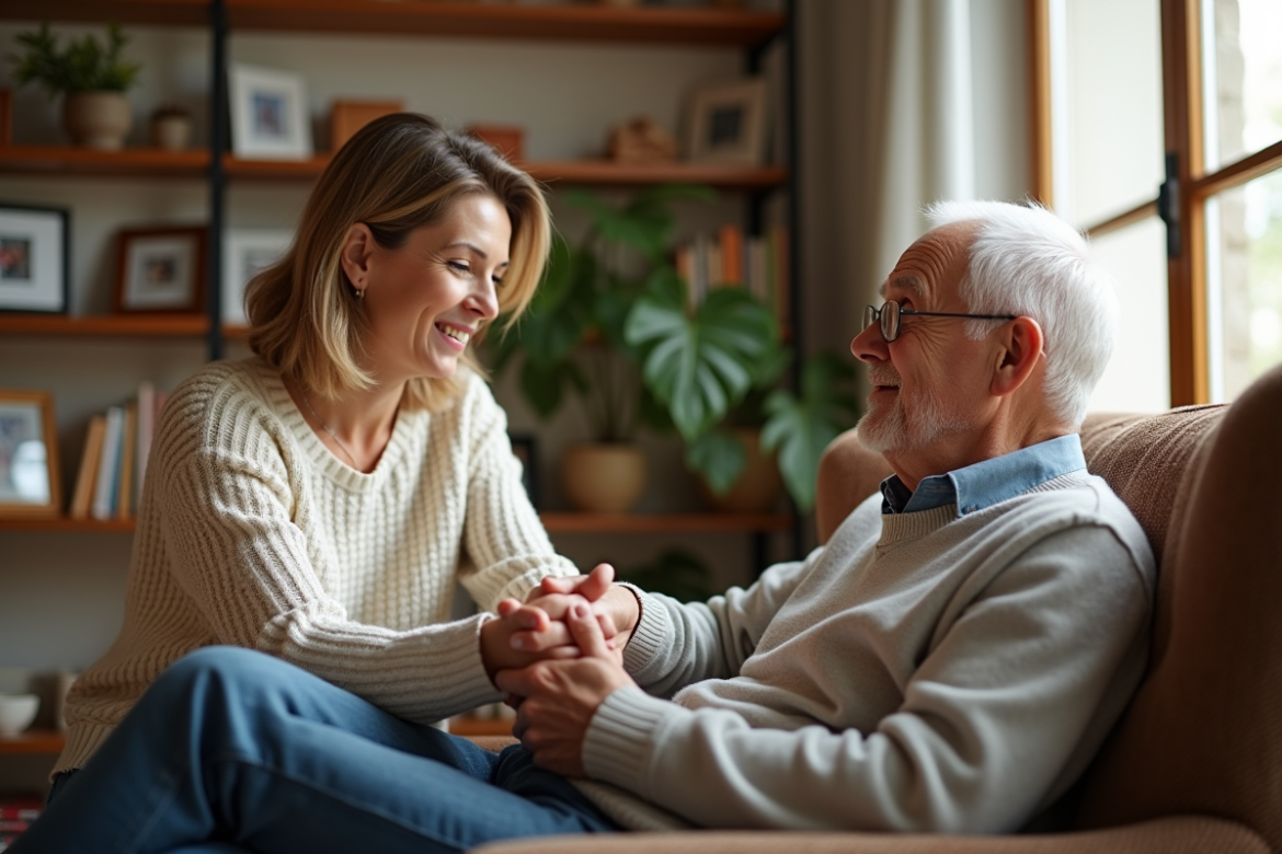 Femme d'âge moyen soutenant son père dans un salon chaleureux