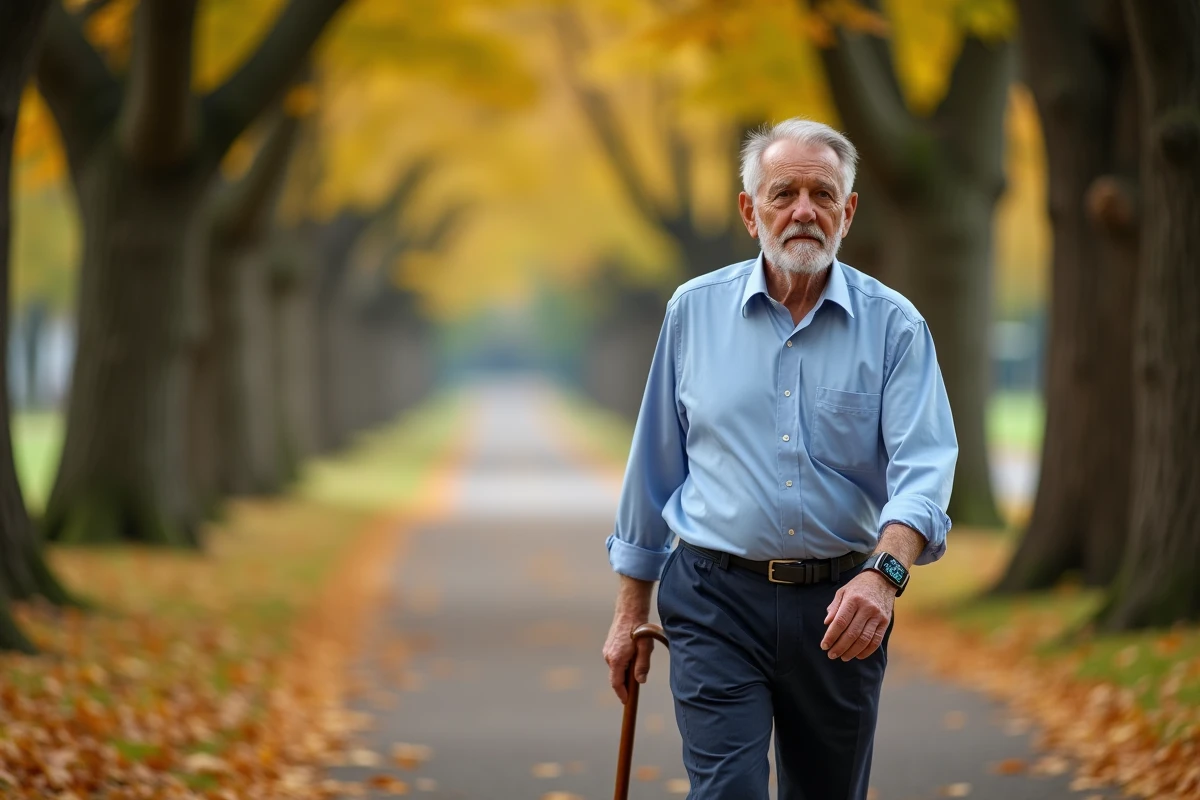 Homme âgé portant une montre médicale connectée lors d'une promenade en parc en automne