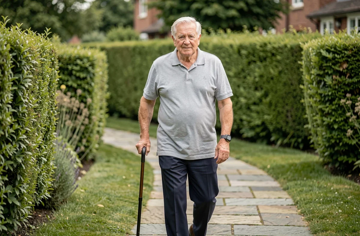 Homme âgé se promenant dans son jardin avec une montre GPS senior pour sécuriser ses sorties quotidiennes