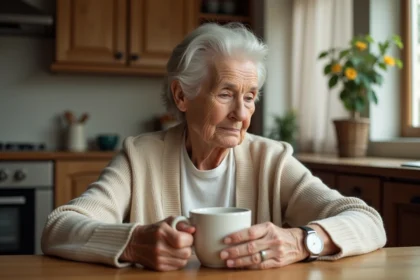 Femme âgée regardant sa montre connectée à table dans une cuisine chaleureuse