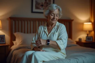 Femme âgée en chemise de nuit portant une montre connectée d'alerte chute assise sur le bord de son lit la nuit