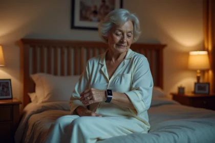 Femme âgée en chemise de nuit portant une montre connectée d'alerte chute assise sur le bord de son lit la nuit