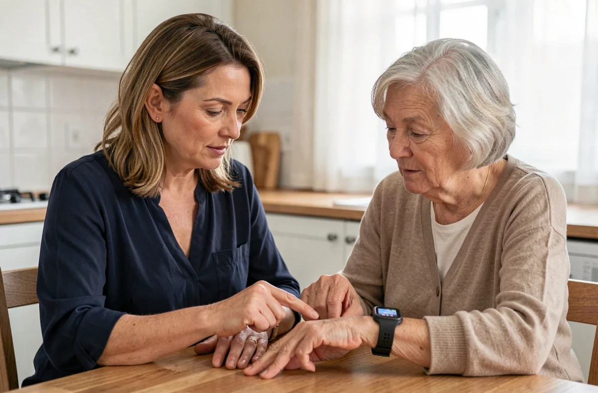 Fille aidant sa mère âgée à comprendre le fonctionnement d'une montre SOS 4G senior autour d'une table de cuisine